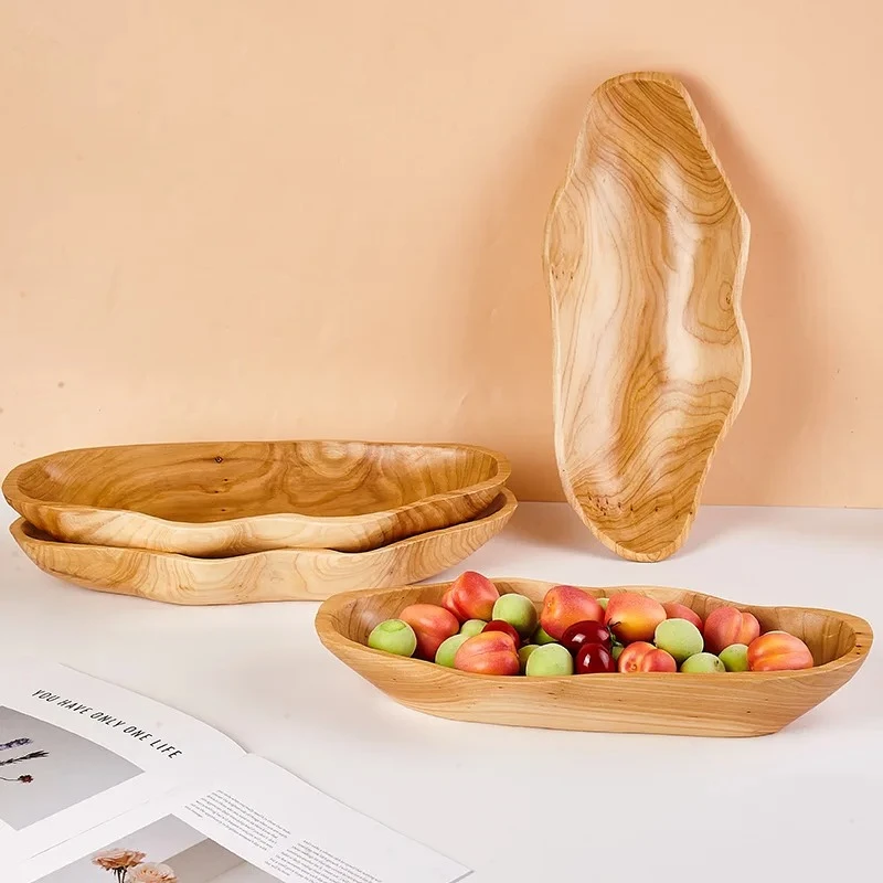 Solid Wood Boat-Shaped Salad Bowl Large Wooden Fruit & Dessert Bowl Wooden Tableware Home Decoration Solid Wood Fruit Plate