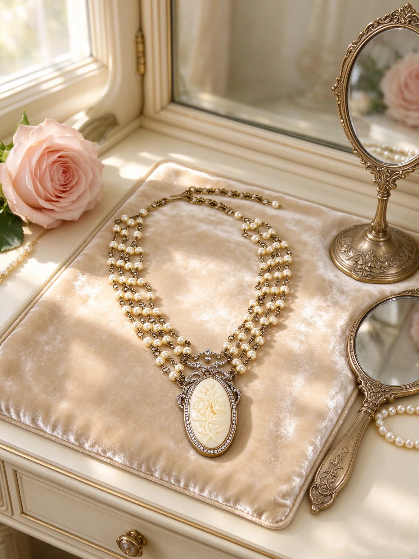 vintage-multi-strand-pearl-cameo-necklace-antique-gold-carved-rose-pendant-elegant-statement-necklace-for-women