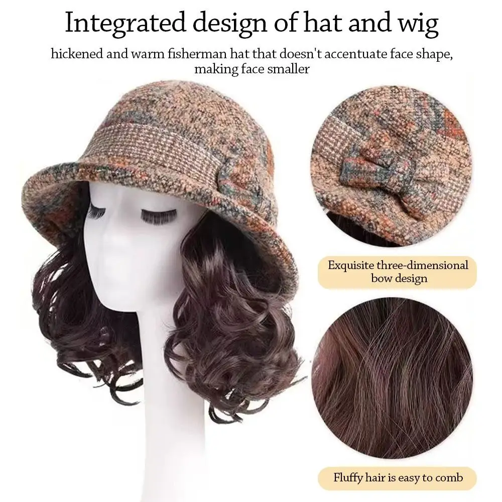 

Autumn Winter With Curly Hair Fisherman Hat With Wig Attached Wig Bowknot Wig Bucket Hat Casual Warm Fisherman Cap Women