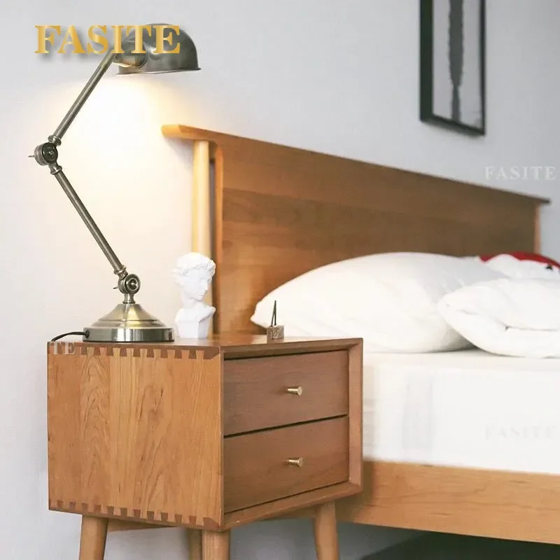 For Cherry Wood Cloud Bedside Table Nordic Solid Wood Nightstand with Storage Two Drawer Cabinet Japanese Style Bedroom