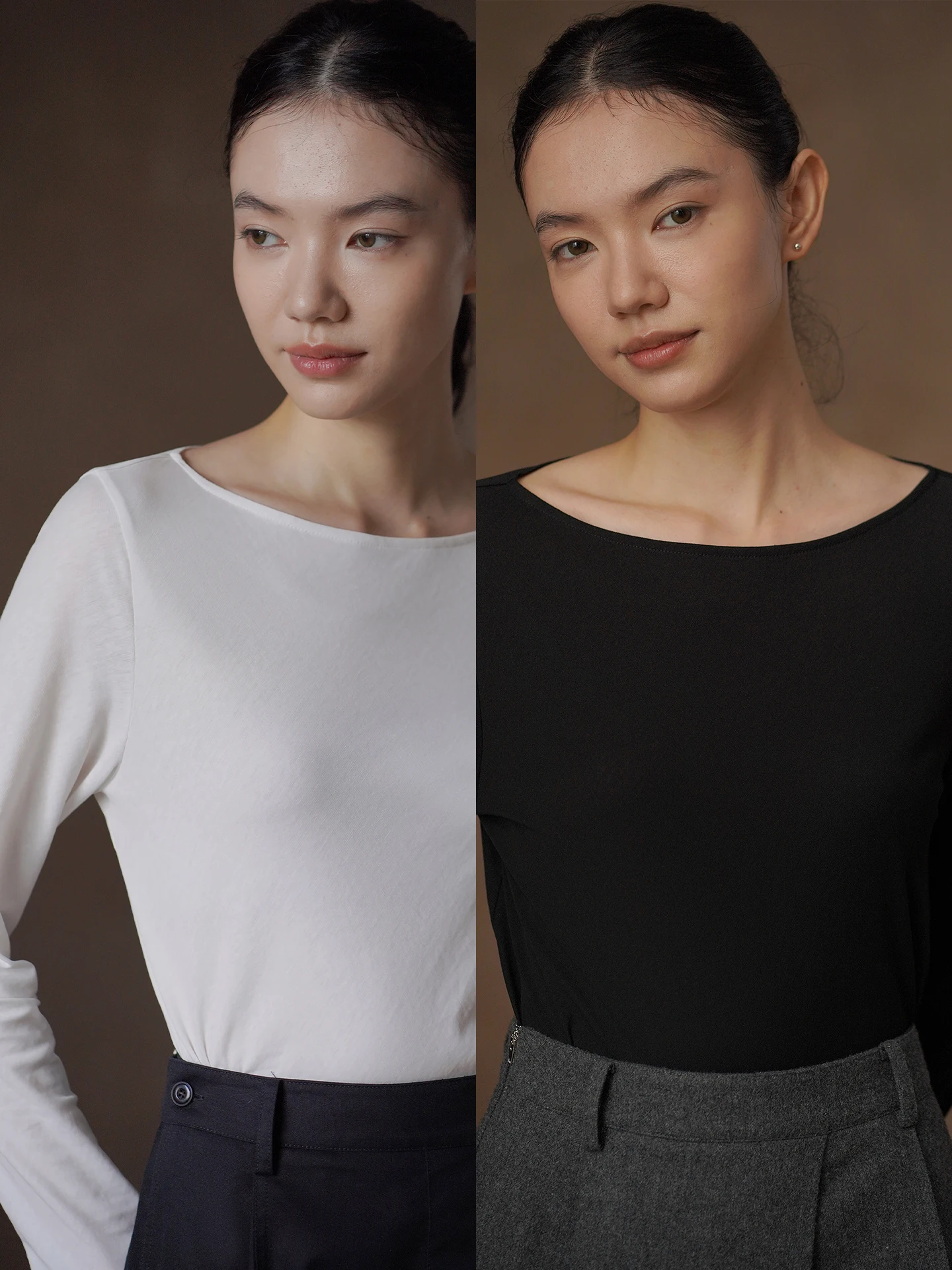 Slim Fit Long Sleeve T-Shirt Cotton Feel Lightweight Simple Design One Shoulder Style Double Color Casual Fashion for Women