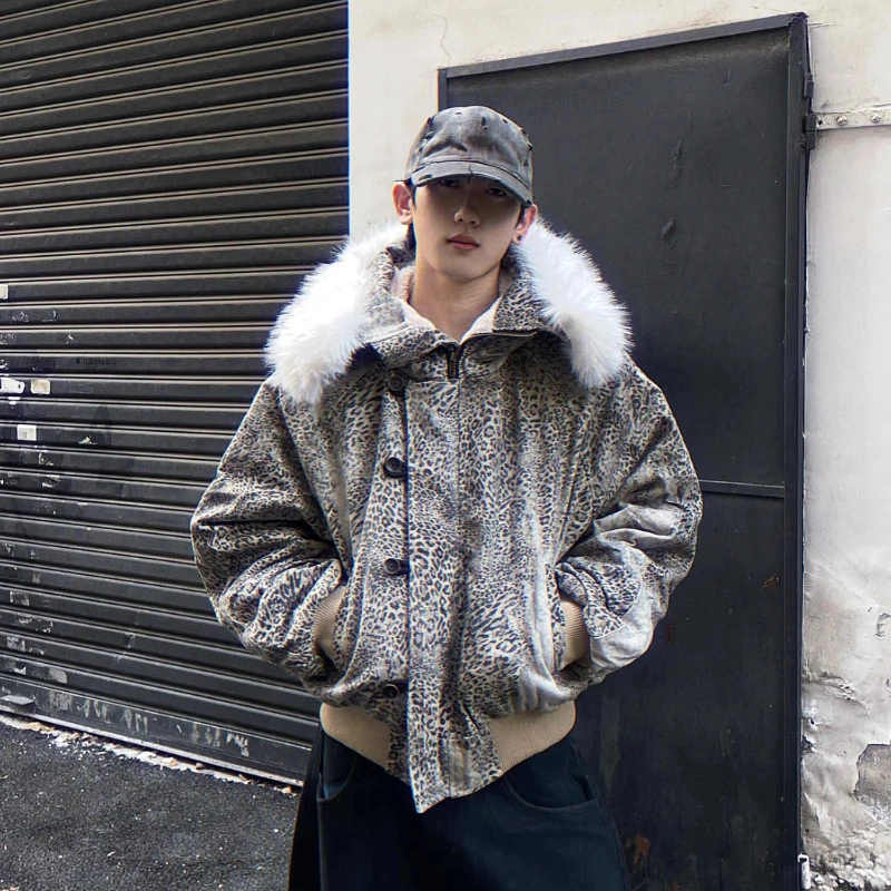 Fashion American Style Leopard Print Fur Collar Cotton Jackets Men Women 2025 Winter New Trendy Parkas Loose Comfort Warm Coats