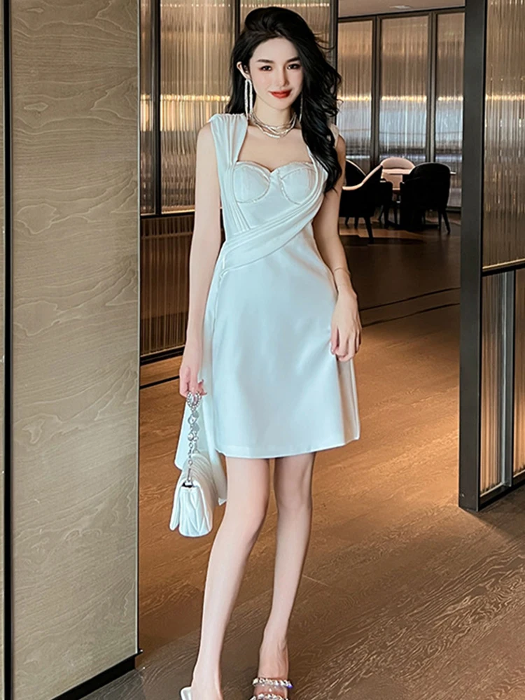 Summer Mini Dresses for Women 2023 Celebrity Sweet Black White Dress Sleeveless Bandage Diamond Ribbon Banquet Runway Vestidos