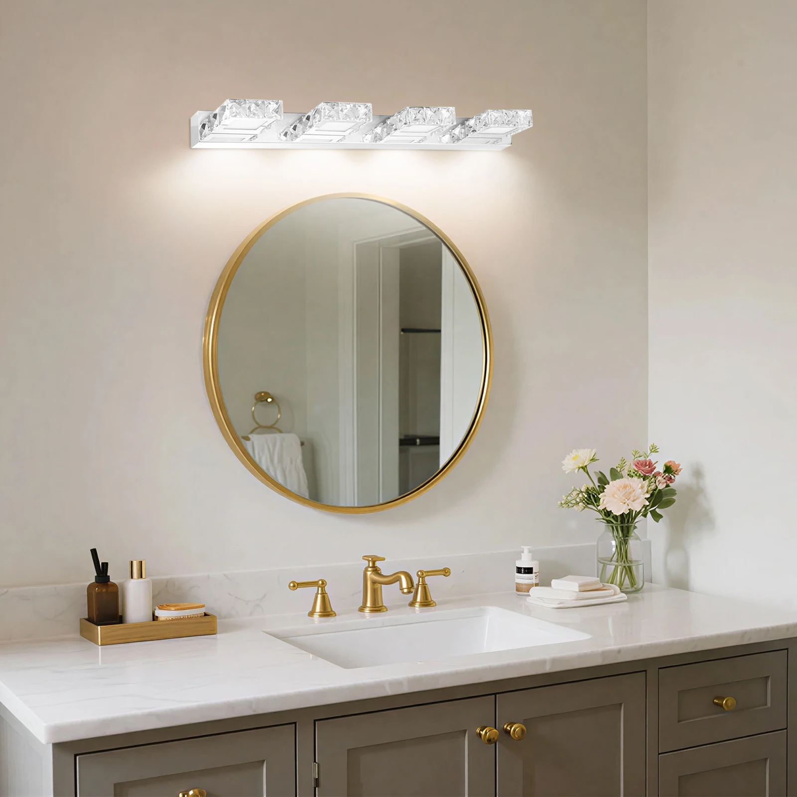 24.4 inch Crystal Vanity Light 4 Lights Bathroom Lighting Fixtures LED Wall Lamp Sconce Over Mirror for Indoor Washroom Bathroom