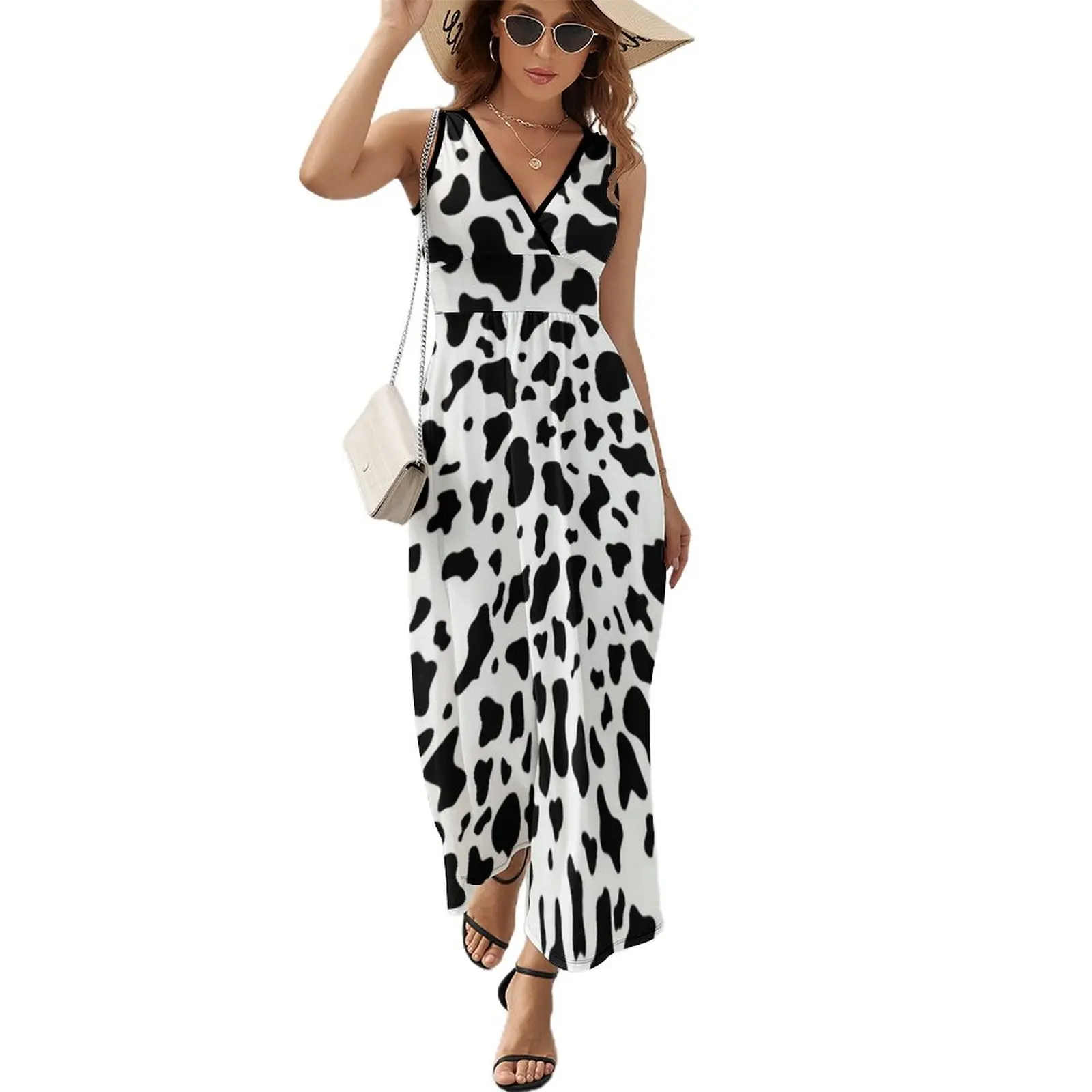 Black White Cow Print Dress Trendy Pattern Spots Animal Street Wear Stretch Maxi Dress Woman Kawaii Beach Long Dresses Vestido