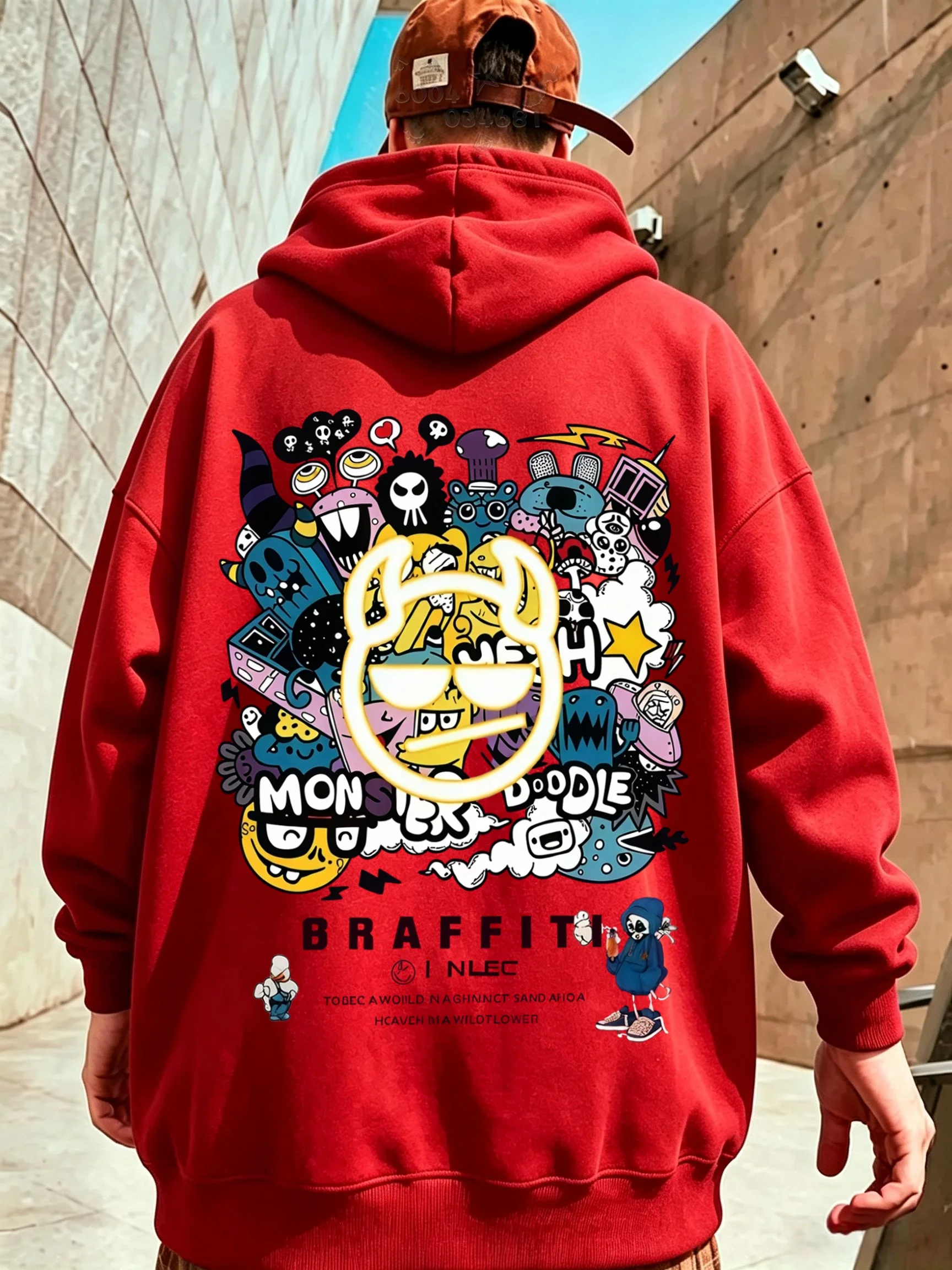 Latest model - Beast Graffiti Back Print Men's Hooded Sweatshirt - Cartoon Monster Pattern Casual Long-Sleeved Pullover Shirt