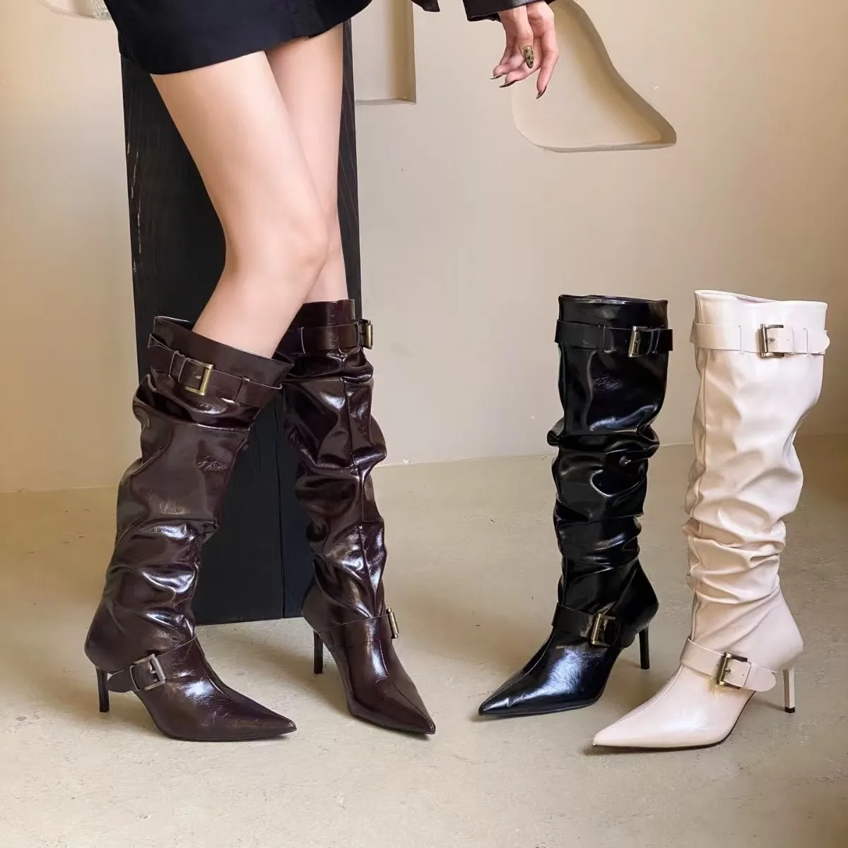 

Designer Knee High Boots Women High Heels Shoes 2025 Sexy Pointed Toe Long Boots Winter Luxury Party Pumps Leather Zapatos Mujer