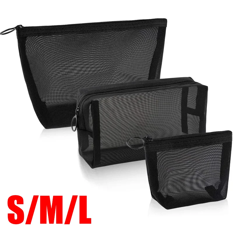 Portable Black Mesh Transparent Storage Bag Small Large Makeup Cosmetic Bag Car Travel Organizer Pouch Bags