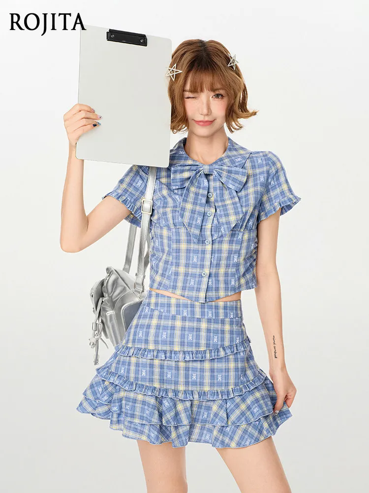 

Y2K Preppy Blue Plaid 2-Piece Set Summer Crop Top and Ruffle Mini Skirt Spice Girl Design Short Sleeve Shirt Women's Skirt Set