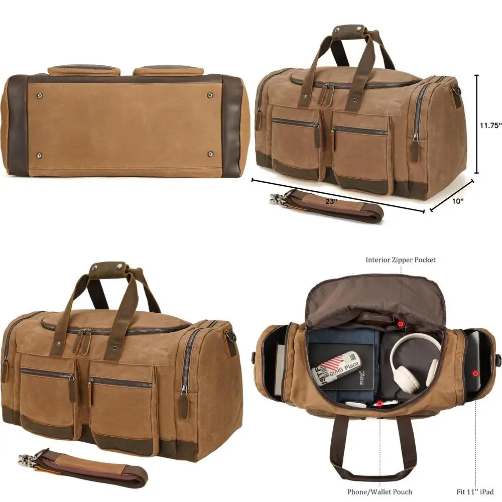 

Waterproof Waxed Canvas Leather Travel Bag - Dual-Use Weekender Overnight Carry-On Hand Bag