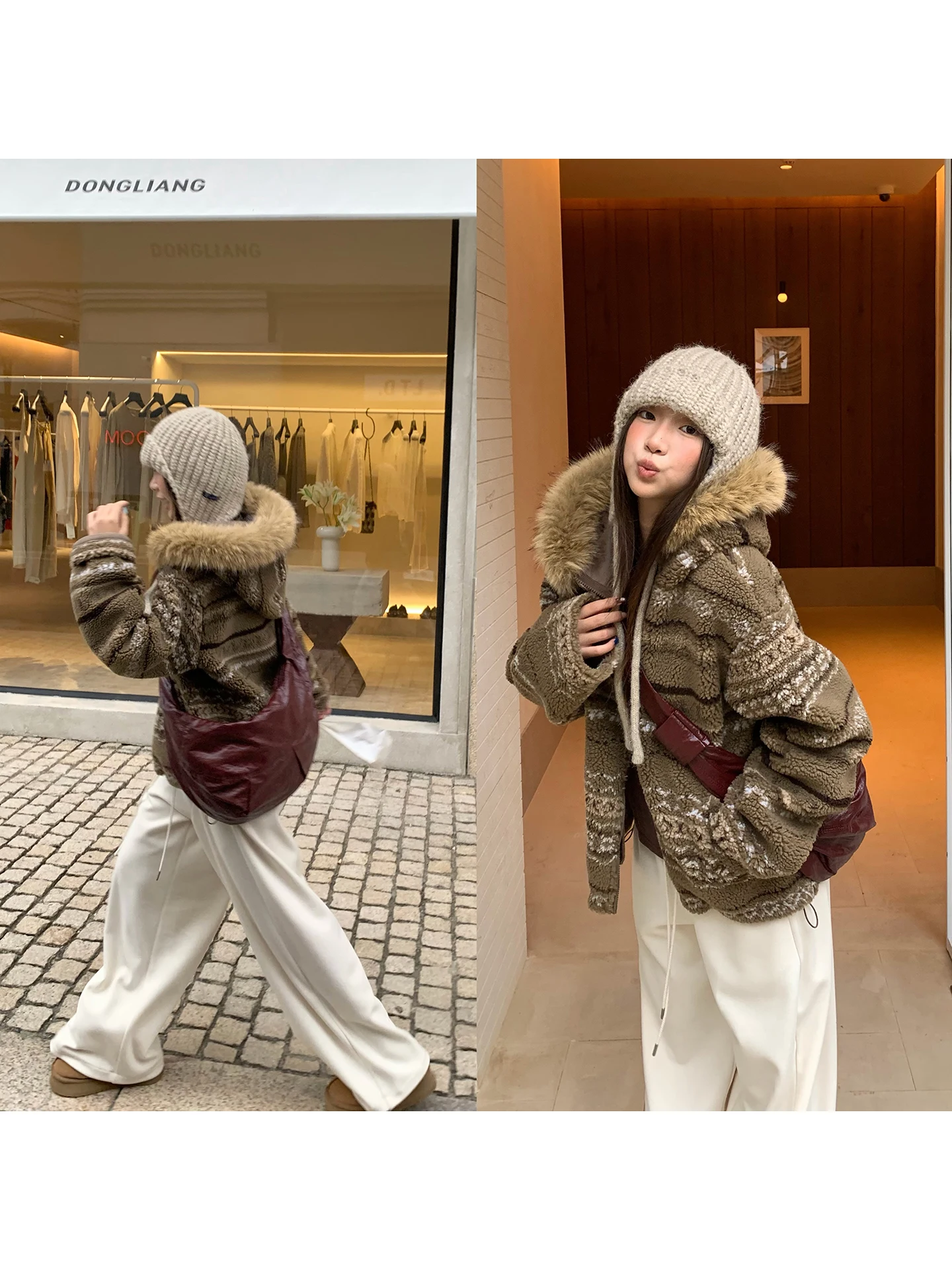 

Thiened Plu Hooded Coat Soft Cozy Women's Winter Faion Commute Sle Zipper Splicing Long Sve Regular Length Coat