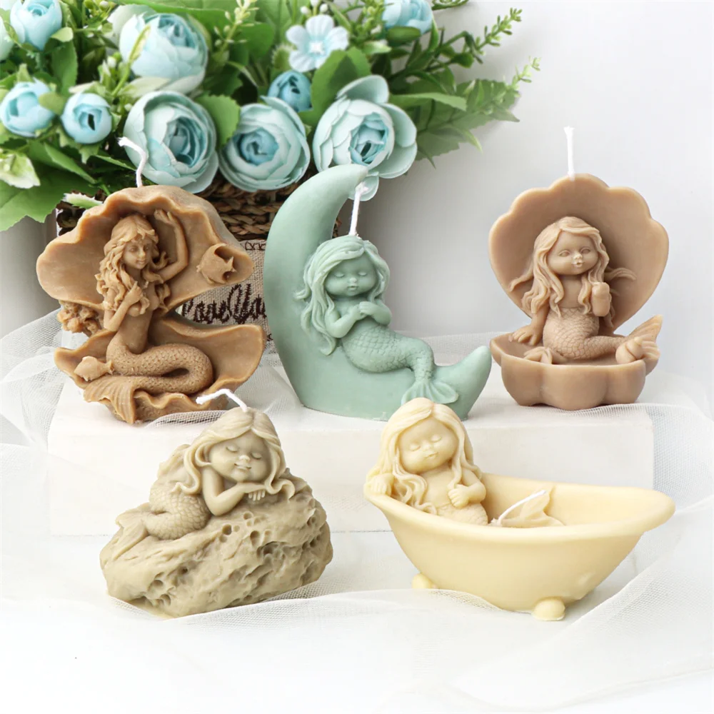 Mermaid in A Shell Silicone Candle Molds Cute 3D Sleeping Baby Girl  Princess Soap Mould DIY Marine Theme Craft Cake Decoration