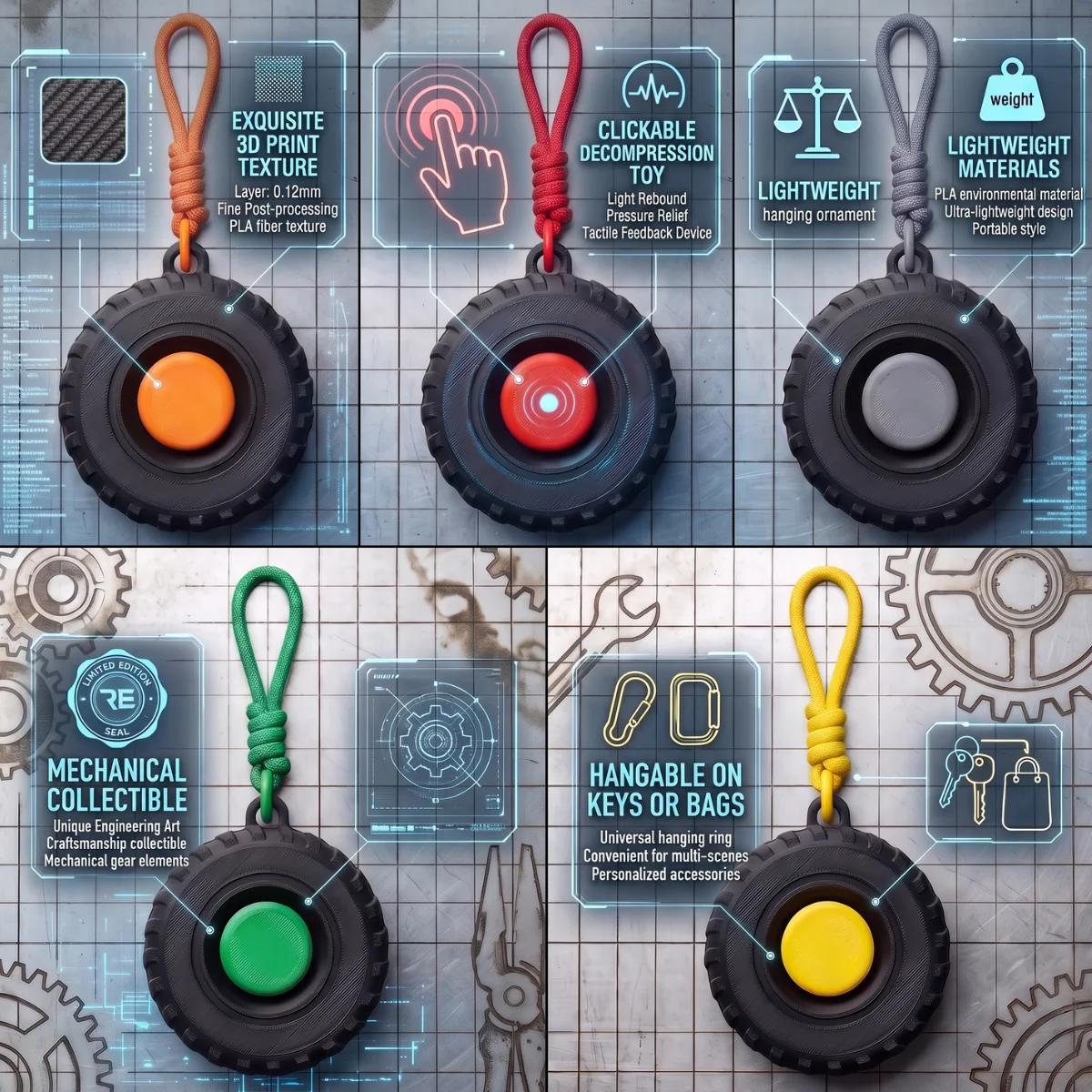 1pc Auto Tire Fidget Charm, Eco-Friendly PLA 3D Printed Automotive Wheel Tactile Decompression Outdoor Backpack Decor Keychain