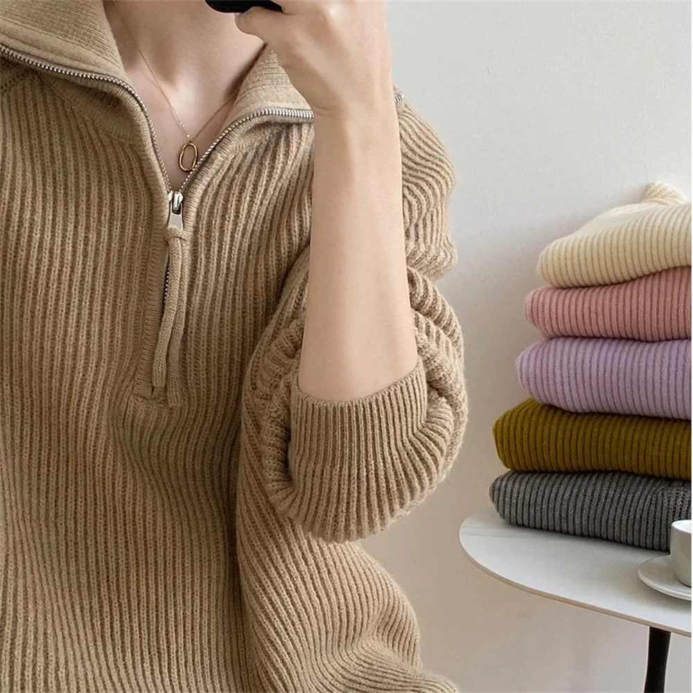 

Длинный трикотажный свитер Old Money Sle на молнии Ne с текстурой кожаной этикетки, базовая посадка для поездок на работу, цельный предмет