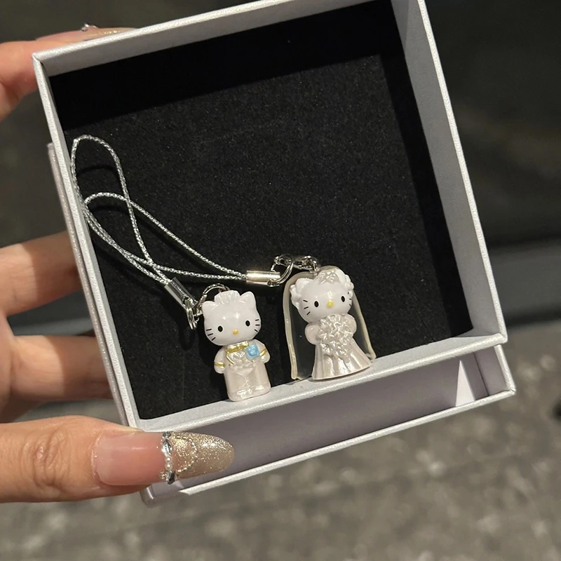 2Pcs Hello Kitty Keychains Cute Cat Pendant Phone Charm Wedding Companion Couple Gift