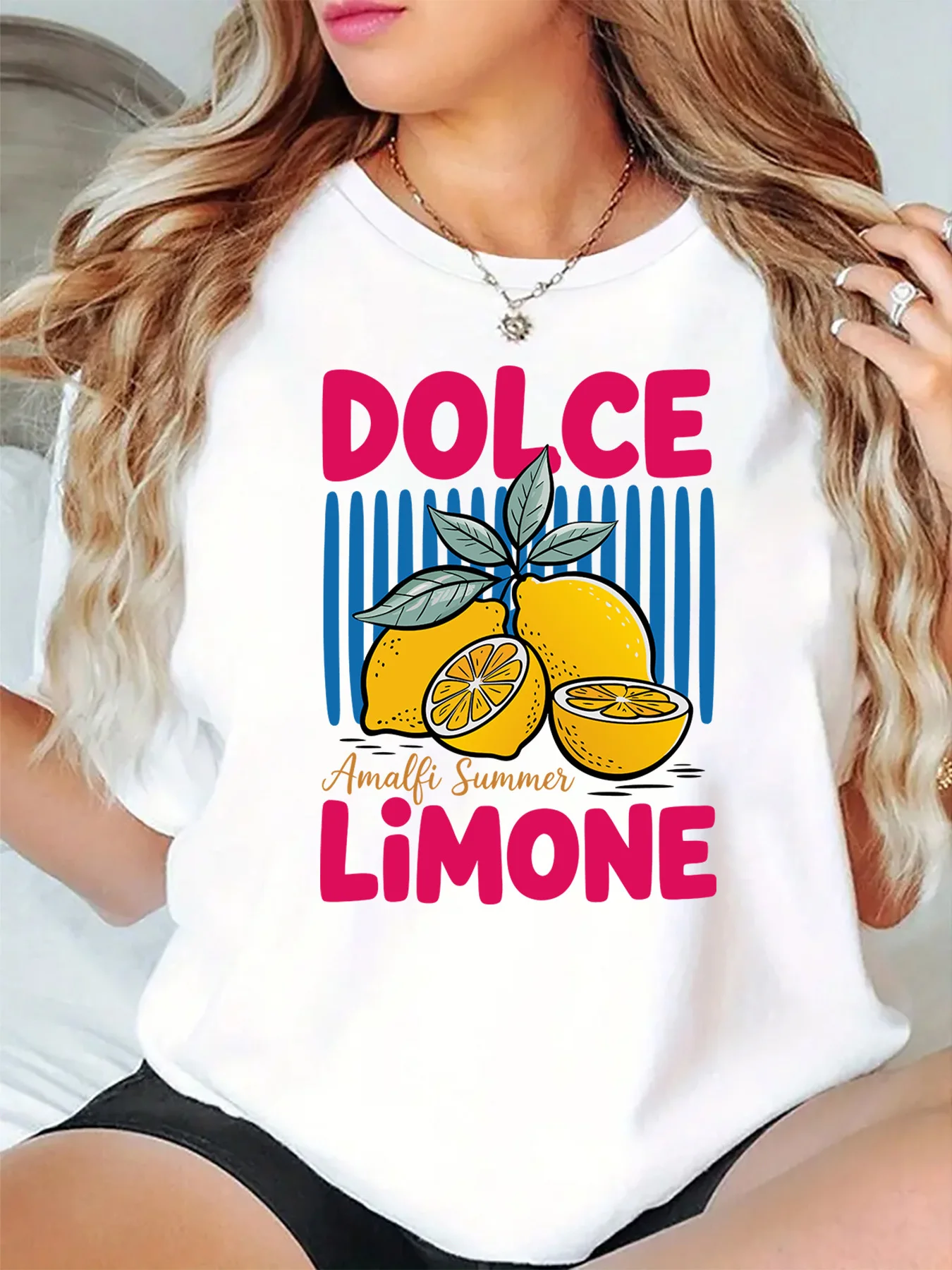 Dolce Limone Amalfi Summer Lemon Graphic Womens T Shirt Short Sleeve Crew Neck Mediterranean Style Casual Daily Ladies Tee Tops