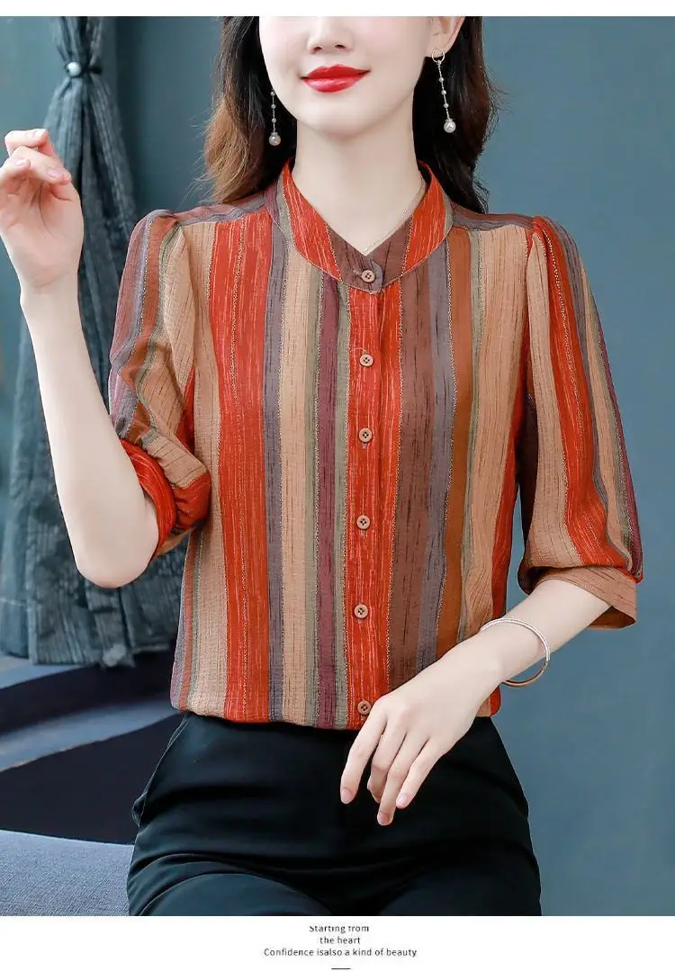 New Women's Short-sleeved Striped Blouse Printed Mother's Outfit Large Size Fashionable