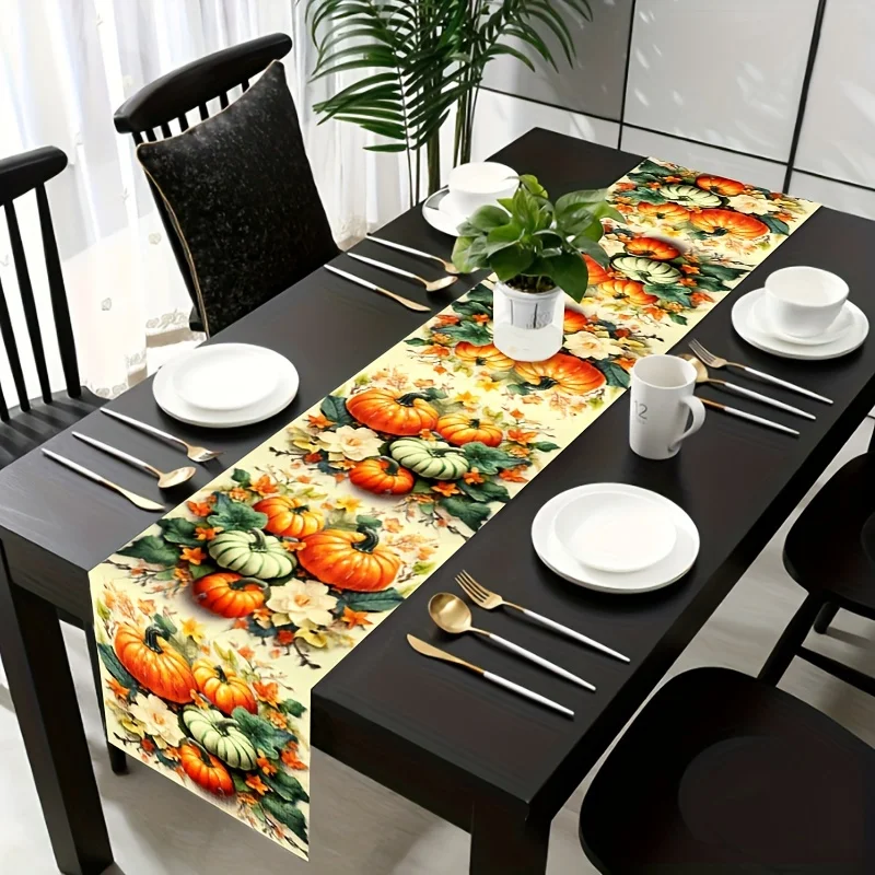 Autumn Watercolor Pumpkin Flowers Leaves Linen Table Runners Fall Thanksgiving Halloween Decor Holiday Party Dining Table Decor