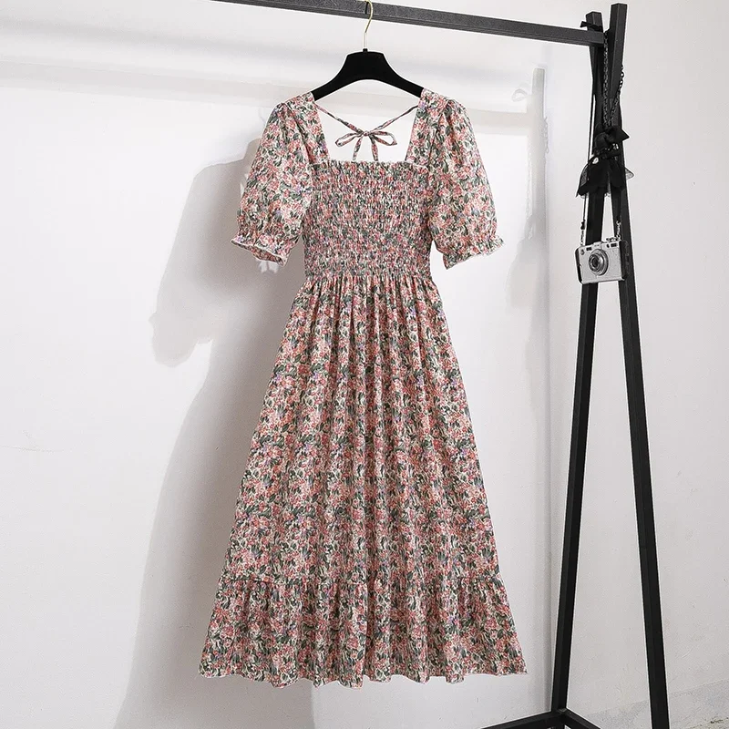 Vestido de gasa de primavera verano, moda femenina, cintura elástica, manga corta, plisado, casual para mujer, vestido en línea A 5