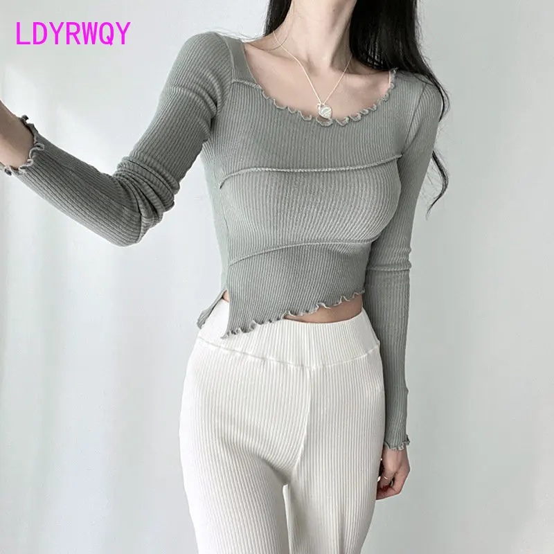 

South Korea 2022 autumn winter new slim sexy round neck agaric edge slit oblique hem long sleeve bottom T-shirt woman