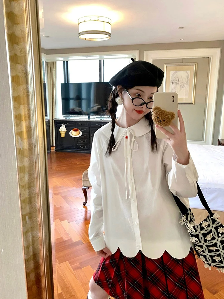 

Fufufun Original Cute Girl's Artistic Sle Cotton irt with Button Doll Collar Bow Tie Petal Hem Long Sve Loose Fit