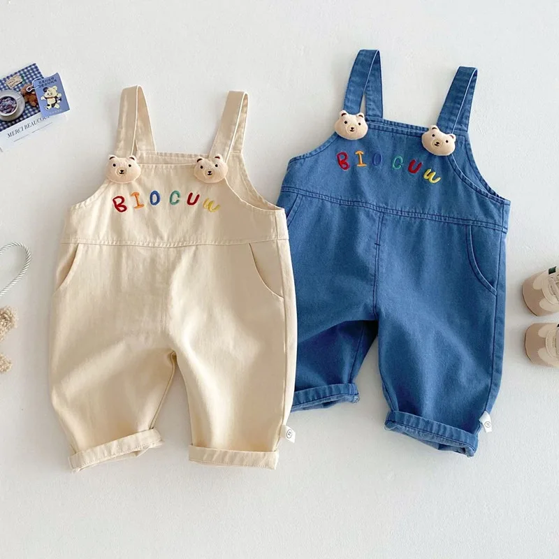 New Spring Kids Overalls 0-5T Cartoon Letters Embroidery Boys Suspenders Pants Girls Loose Casual Jeans Children's Jumpsuit