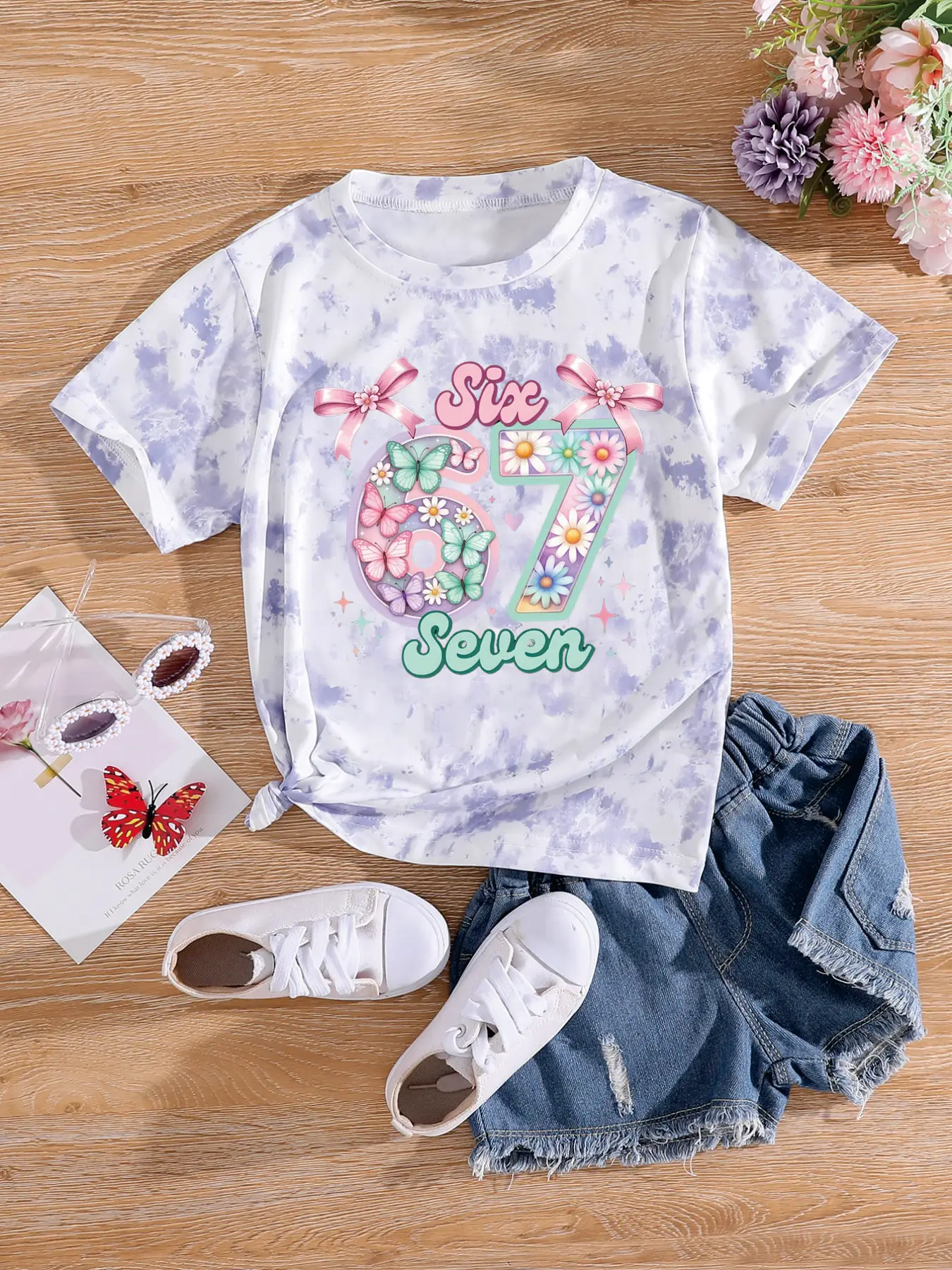 Kids Girls Tie-Dye Birthday T-Shirt, 6th/7th Birthday Number Print Tee with Butterfly & Floral Design for Party