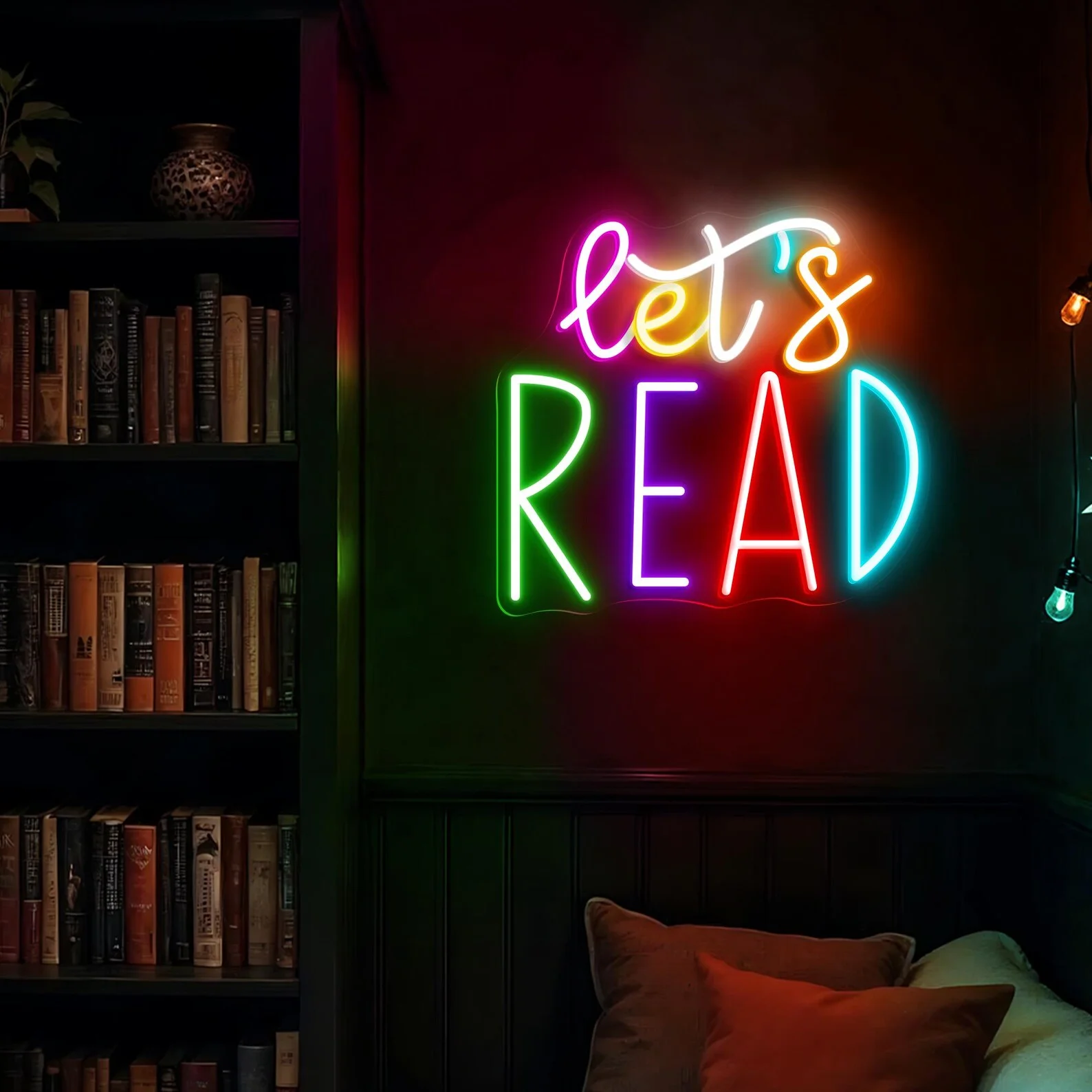 Let's Read Neon Sign ,Classroom Educational Neon Sign Decor,Pastel Rainbow Neon Book Nook Library Neon Decor, Bookshelf Decor