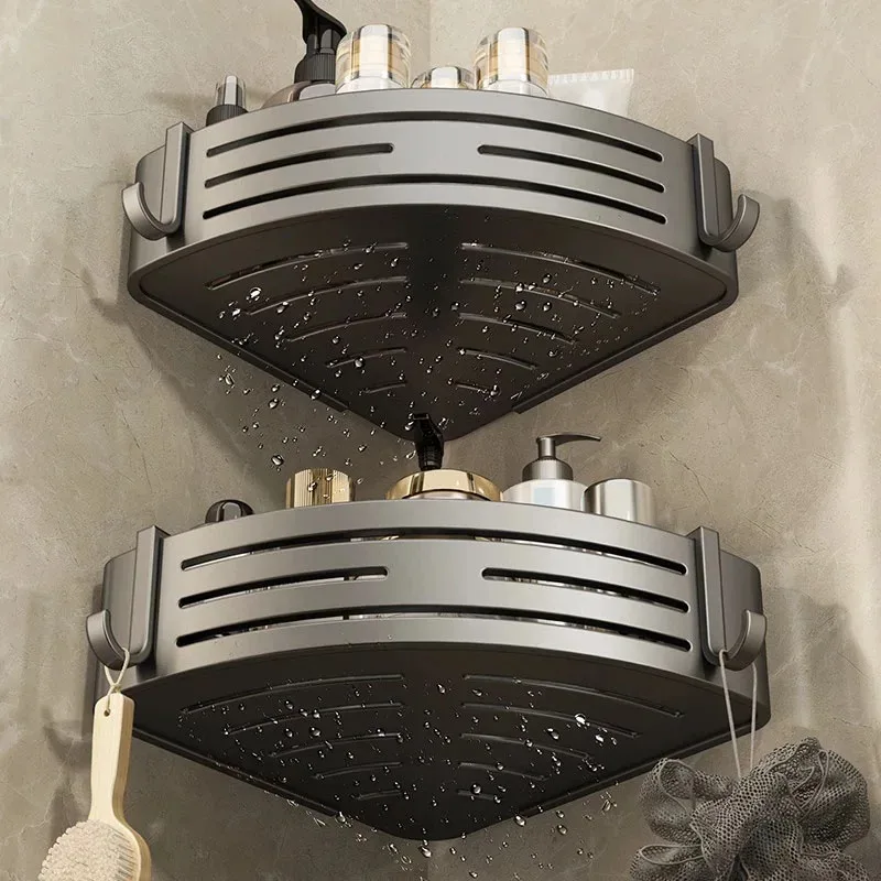 Une série de supports d'angle de salle de bain sans trous, supports de rangement pour shampoing et cosmétiques, ainsi que supports de rangement de cuisine en plastique