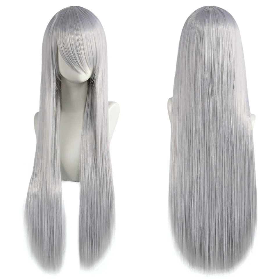 Peluca larga sintética de 80 cm, color blanco y púrpura, para cosplay, con flequillo 6