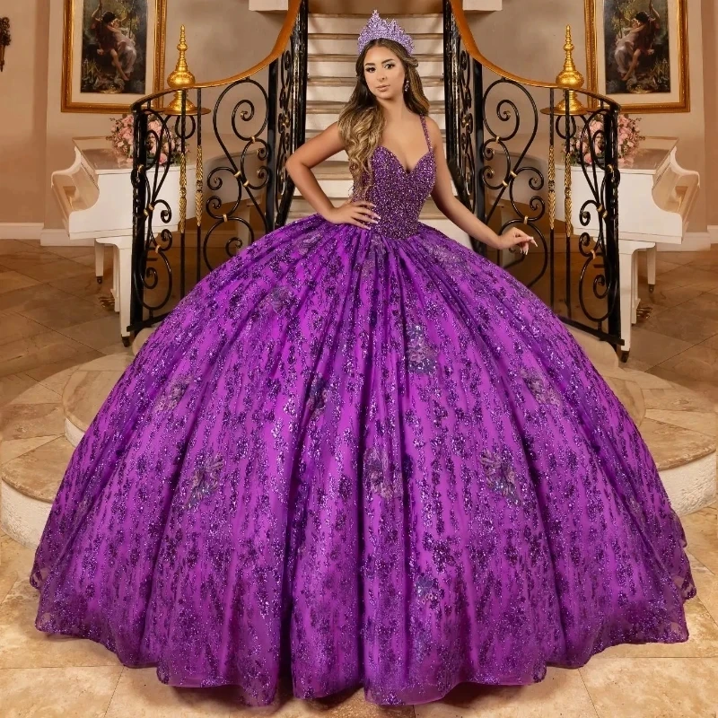 

2024 Lavender Shiny Quinceanera Dress Ball Gown Sequins Applique Lace Beaded Tull Off Shoulder Sweet 16 Vestido De 15 Anos