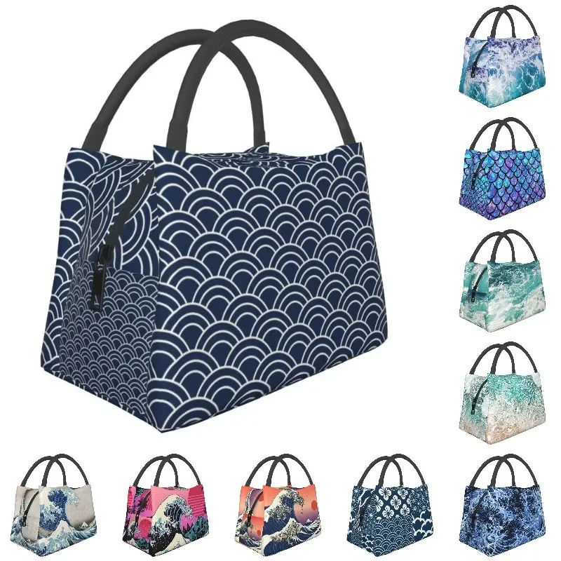 

Waves Japanese Navy Blue Insulated Lunch Bags for Women Leakproof Harajuku Pattern Cooler Thermal Bento Box Work Picnic