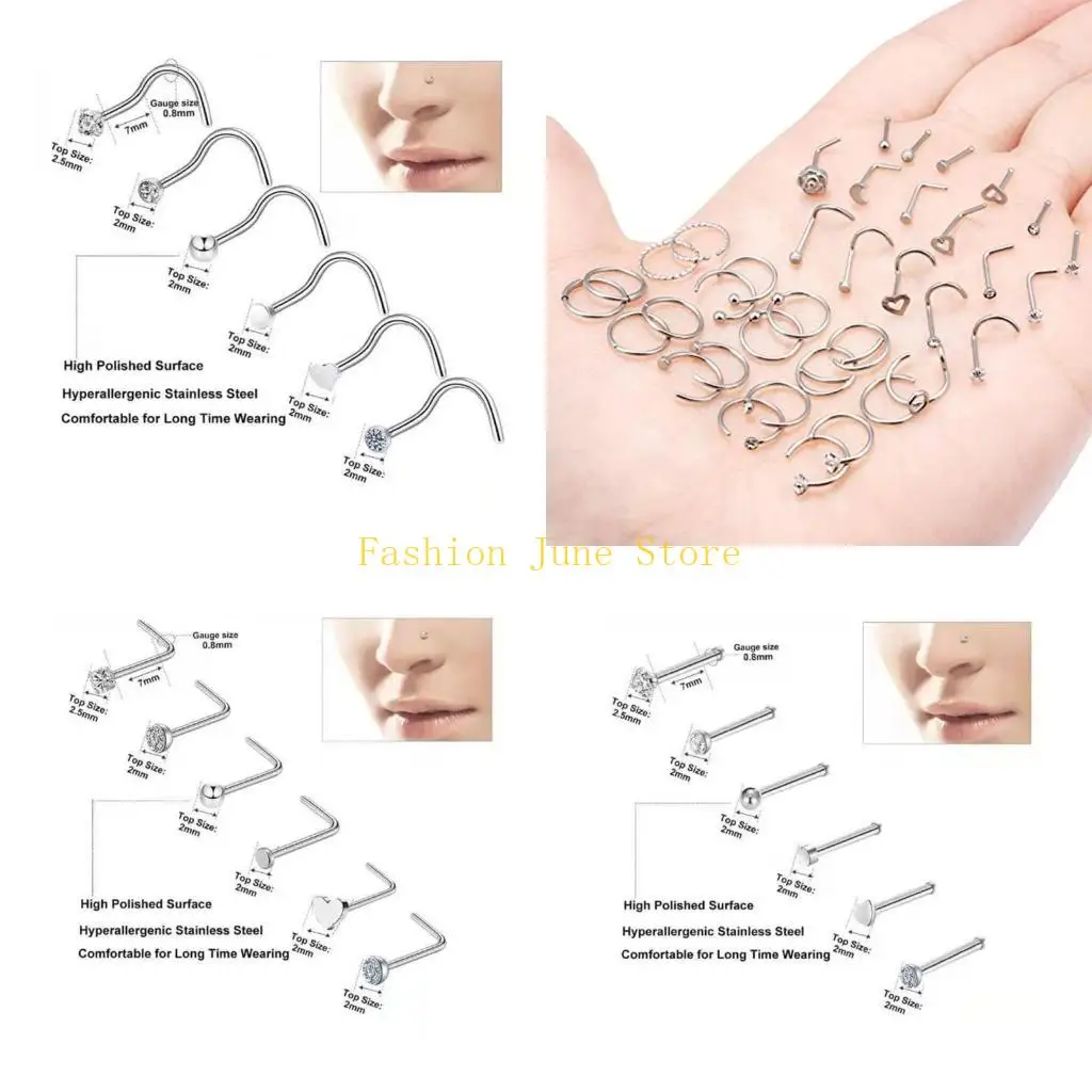 N5KA 36 Pcs for Titanium Steel Nose Rings Nose Piercings Jewelry Nose Rings Hoops Stu