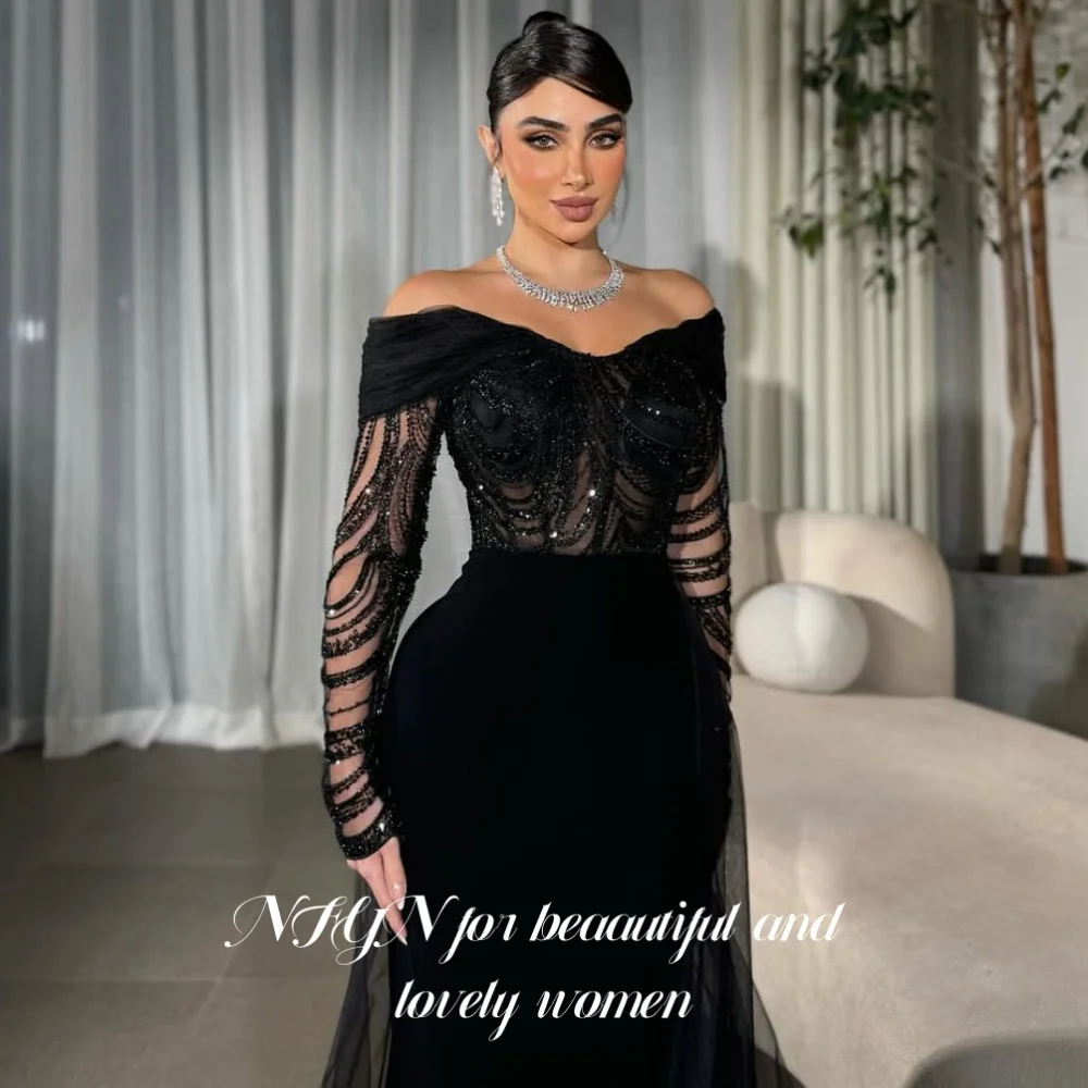 

NFYN Black Sexy Formal Gown Net Beading Evening Dress Pleats Fishbone Off the Shoulder Celebrity Dresses for Woman Customized