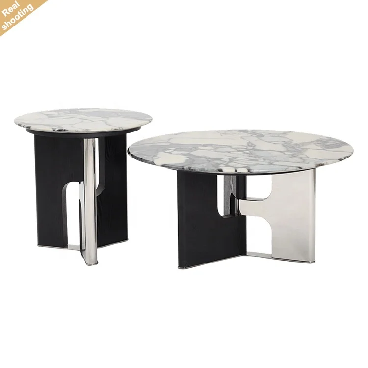 

New Design Living Room Round Marble Top Coffee Table Ash Wood Stainless Steel Base Coffee Table Set for Home Villa Hotel
