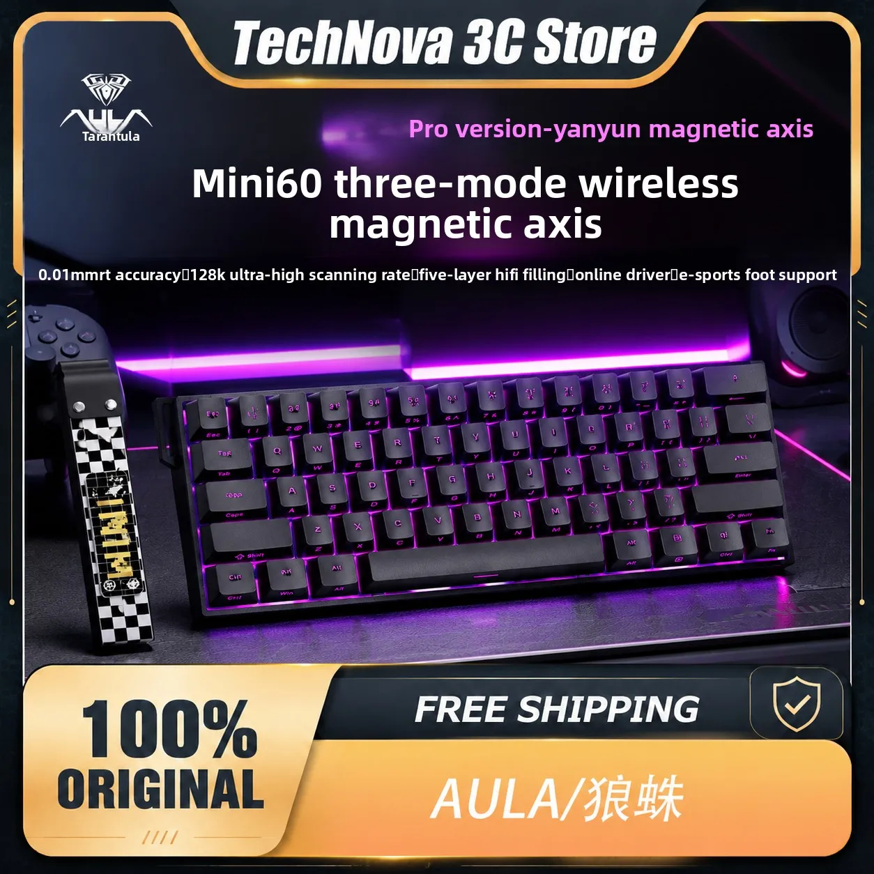 AULA MINI60 HE Mechanical Keyboard Butterfly keycaps 60% Compact Magnetic Switch 8KHz RGB Tri-Mode Rapid Trigger E-Sports Custom
