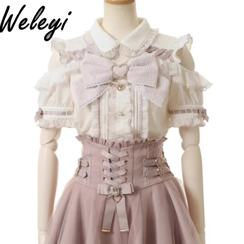 

Super Nice Mine Style Lolita White Shirt Women Japanese Cute Mass Produced Half Sleeve Off The Shoulder Big Bow Camisas E Blusas