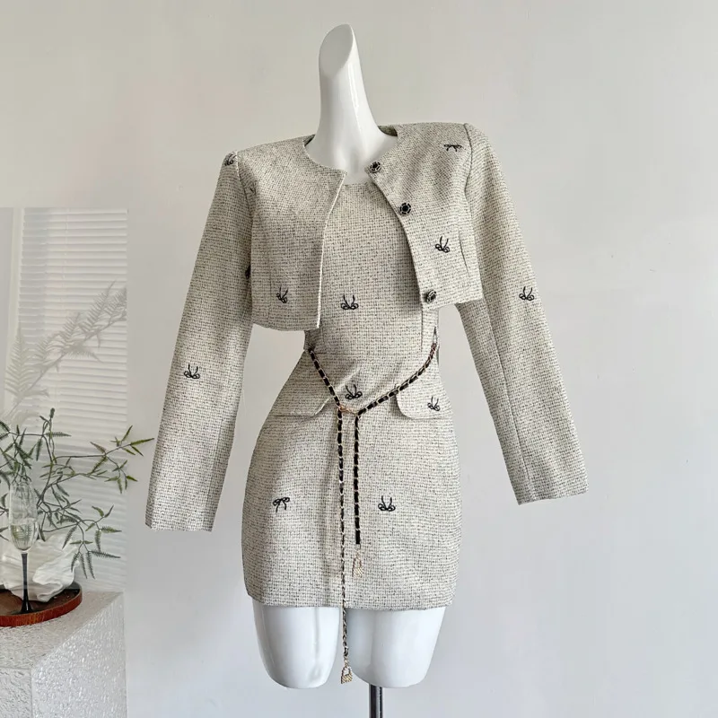 

High Street French Small Fragrance Two Piece Set Women Short Jacket Coat + Dress Sets European Style Fashion 2 Piece Outfits