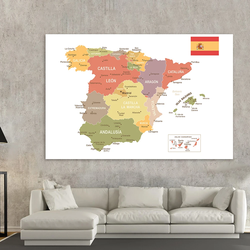 Póster de pared grande de mapa de España en español, lienzo no tejido, pintura para oficina, decoración del hogar, suministros escolares para niños, 225x150 Cm