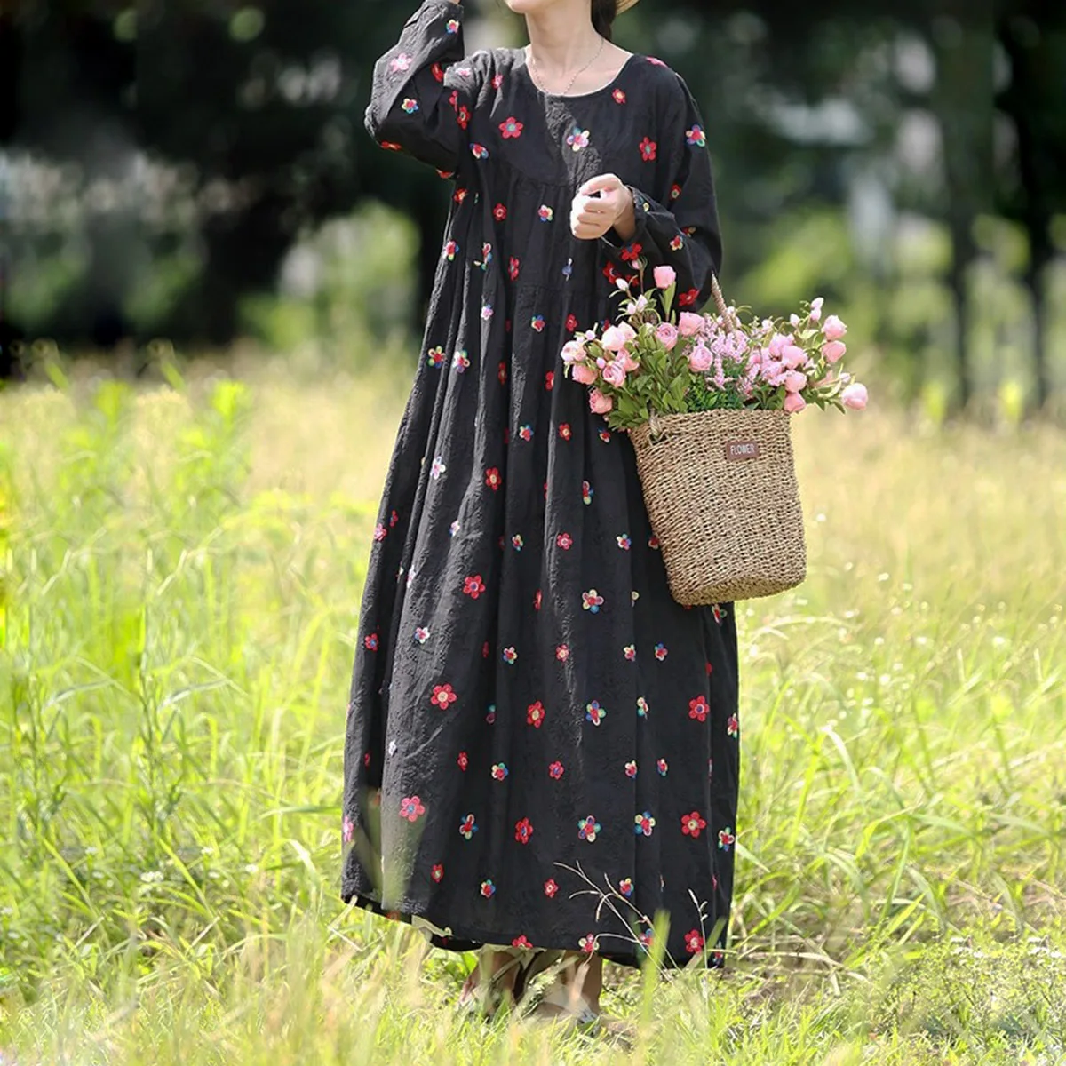 

Женское хлопково-льняное платье с вышивкой и длинными рукавами, осенняя плиссированная туника в стиле ретро с высокой талией, этническая одежда, длинное платье с карманами