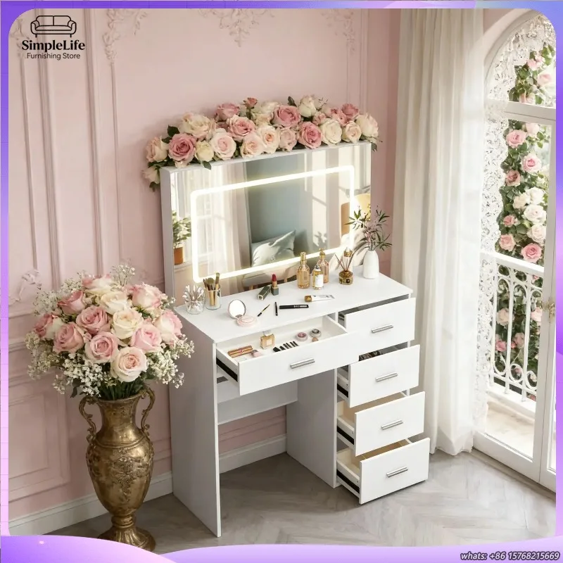 

Туалетный столик Teousev White Modern с голливудскими LED-лампами, большим зеркалом, 5 ящиками, 3 режимами подсветки, простая сборка, для спальни