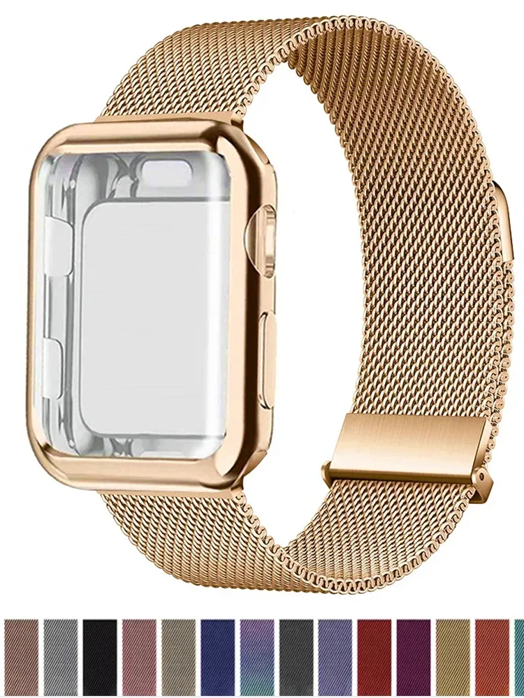 Etui + Milanese Loop na pasek do Apple Watch 44mm 38mm-42mm-40mm metalowe opaski magnetyczne iwatch Series 9 8 7 6 5 4 3 SE 45mm 41mm pasek