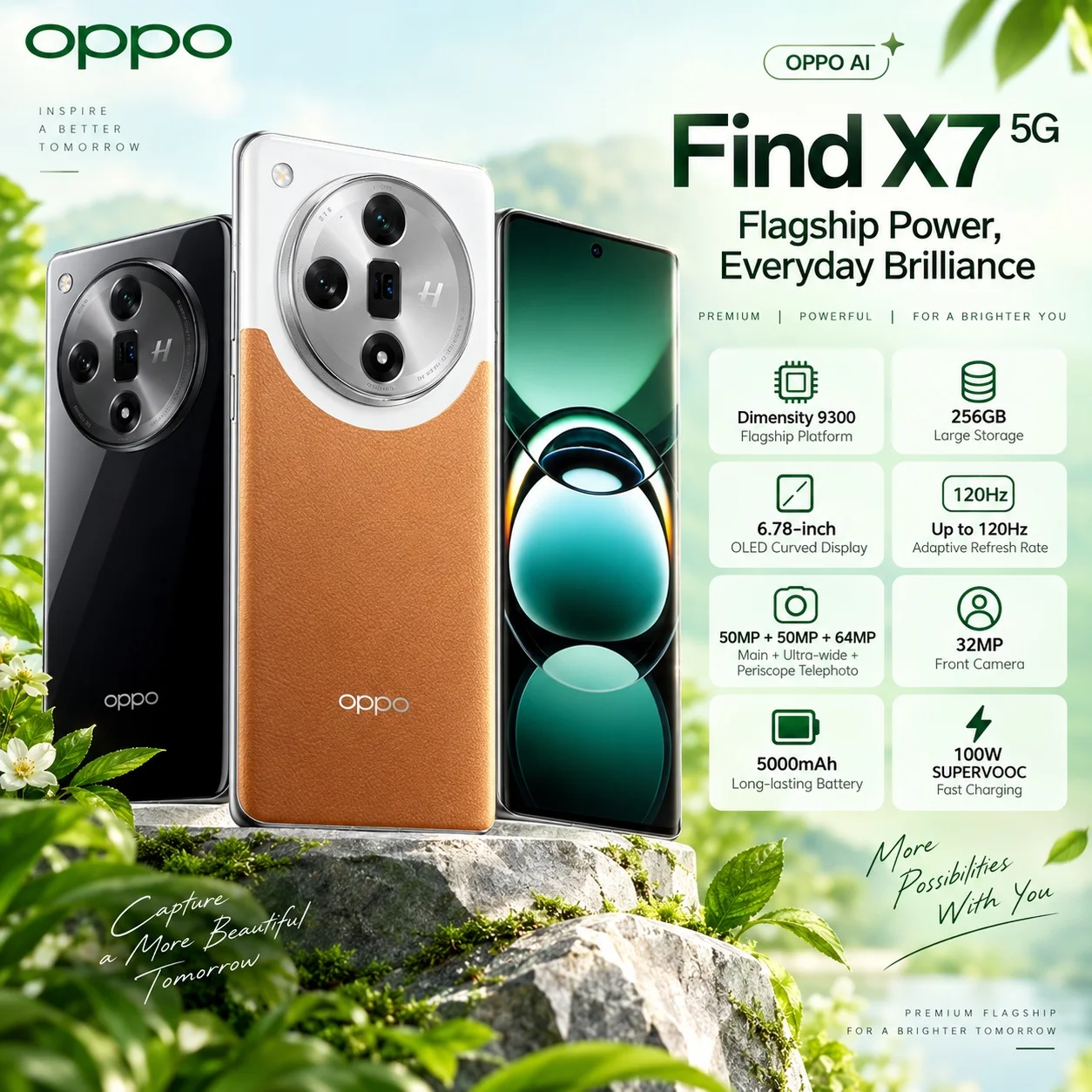 OPPO Find X7 5G: Dimensity 9300, 120Hz OLED, 64MP periscope, 5000mAh battery and 100W SUPERVOOC for fast flagship performance.
