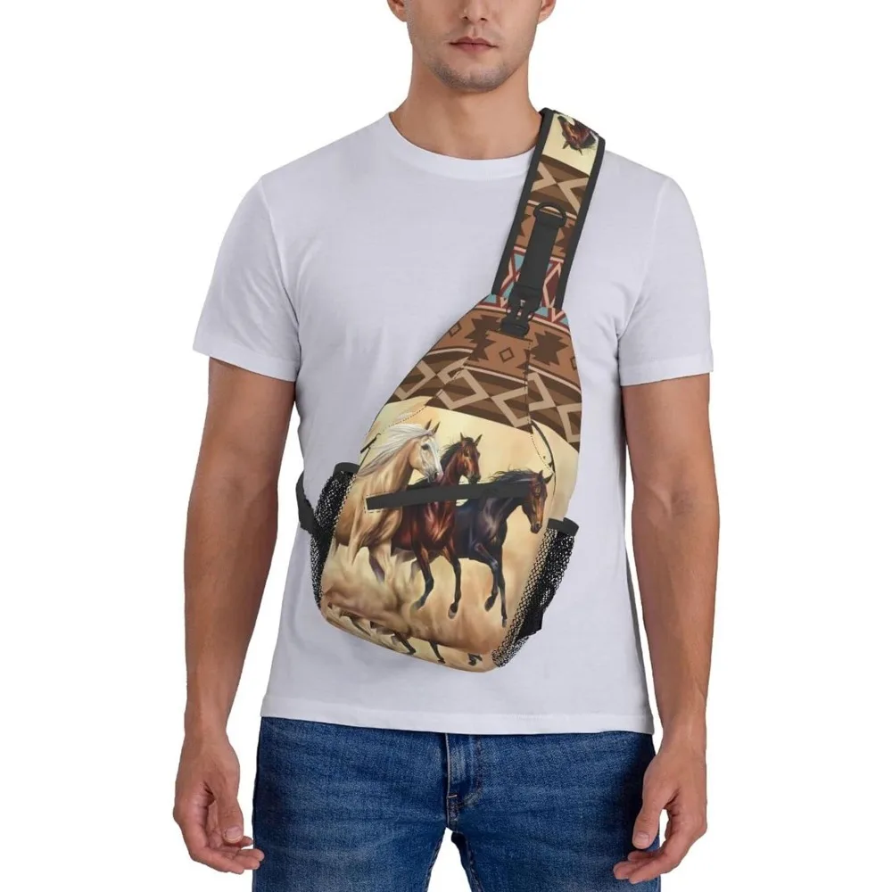 Zaino a tracolla a tracolla Aztec Boho etnico Western Horse Chest Bag tre cavalli corrono nella borsa a tracolla regolabile Desert Sandstorm