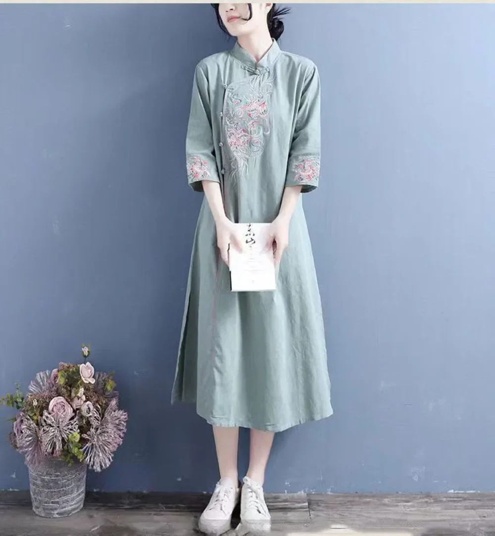 

Daily Cheongsam Girl Spring Summer New Small Fresh Cotton And Linen Long Female Slim Embroidery Qipao Natural Real Women