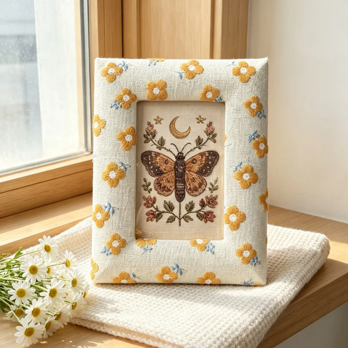 Hand Embroidered Photo Frame 4x6 Inch Boho Floral Handmade Fabric Picture Holder Tabletop Home Decor Gift