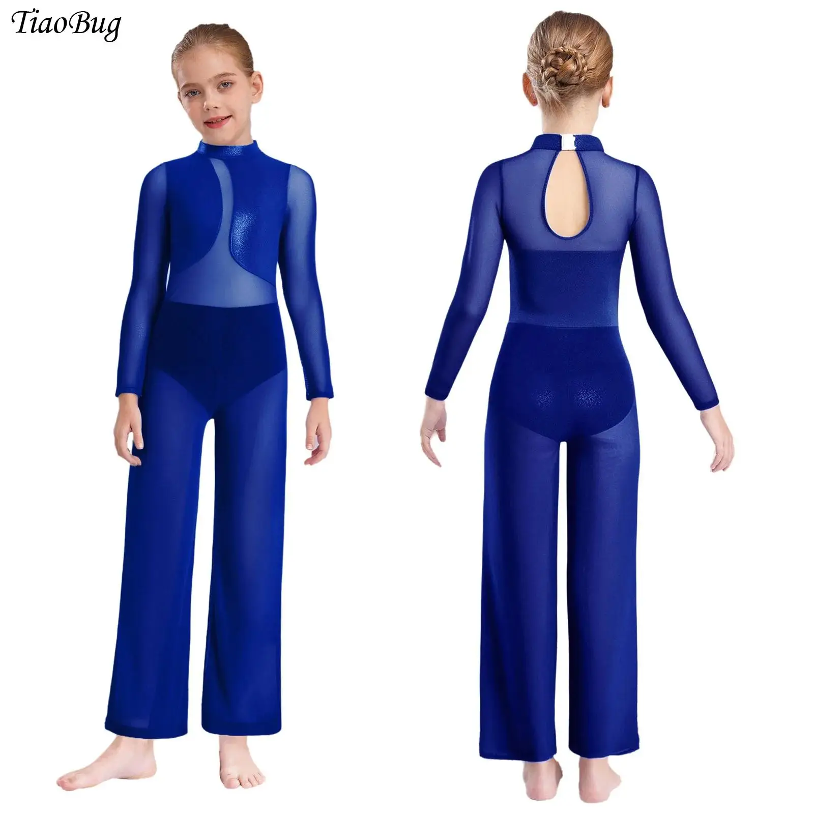 

Teen Girls Gymnastics Jumpsuit Ballet Dance Bodysuit Sheer Mesh Wide-Leg Long Sleeve Figure Skating Full Body Leotard Unitards