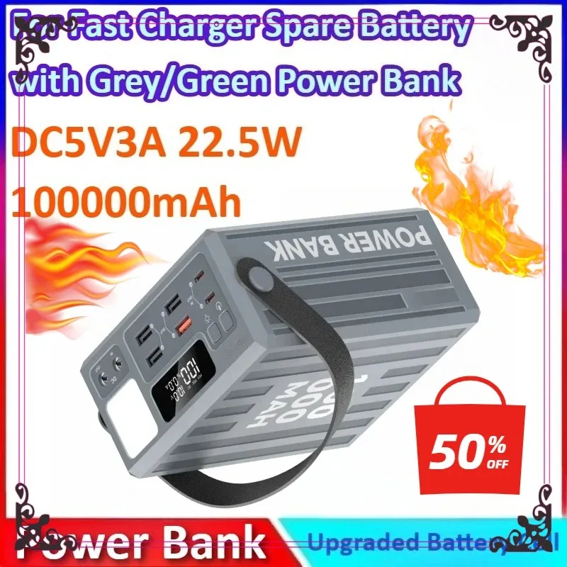 

DC5V3A 100000mAh 22.5W Large Capacity Power Bank for Fast Charge Portable Spare Auxiliary Battery with Grey/Green Power Bank