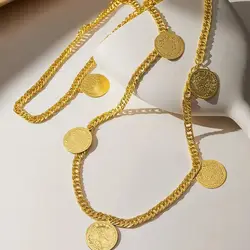 Gold Plated Long Chain Turkish Coin Necklace for Women Ethnic Kurdish Wedding Bridal Jewelry Luxury Gold Body Chain Accessory