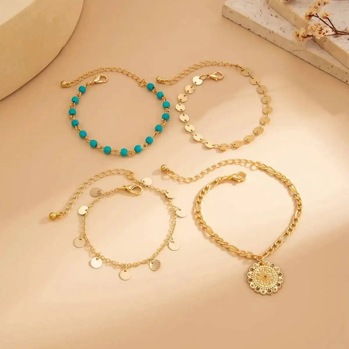 

KunJoe 4 Pcs Vintage Multilayer Sequin Chain Bracelet Set for Women Simple Sun Pendant Beaded Bracelet Female Hand Jewelry Gift